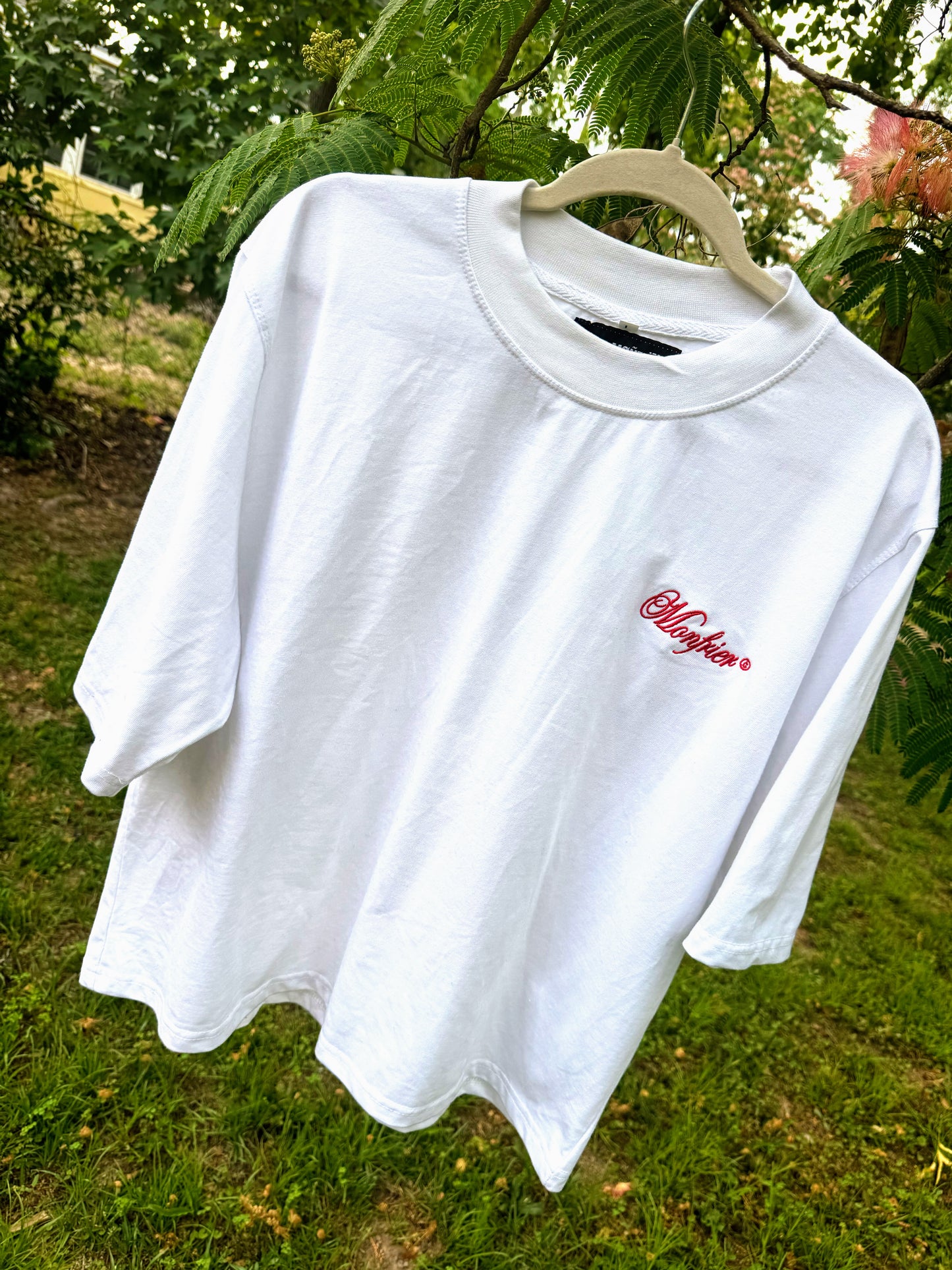 Red embroidered Monfrier Signature Cropped Tee